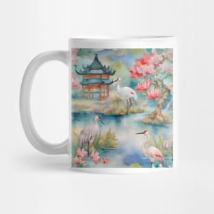 Cranes in chinoiserie landscape watercolor painting Mug